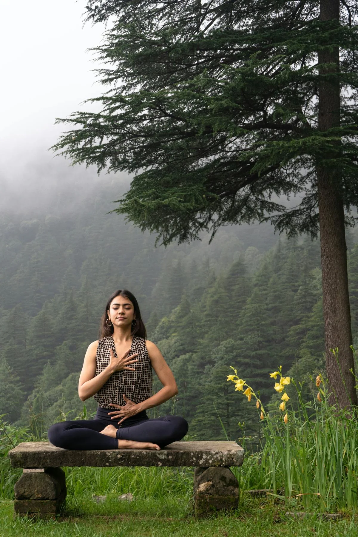 Woman meditating on a bench in a peaceful forest setting